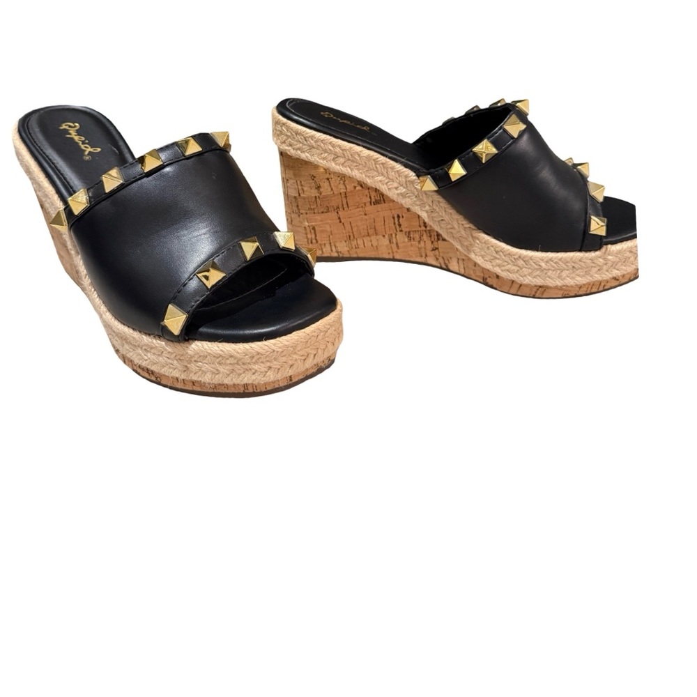 Qupid Black Slide Wedge Sandals with Gold Pyramid Studs